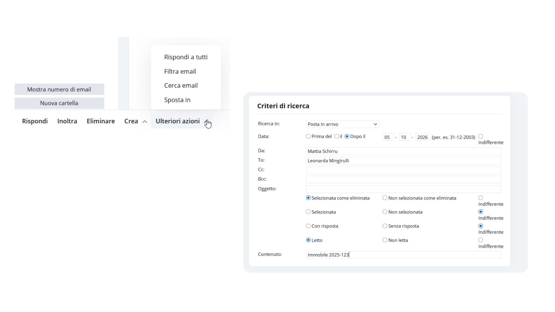 Ricerca Email con pulsanti rapidi in onOffice